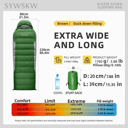 SYWSKW Ultralight Down Sleeping Bag with Pillow,15°F 32°F 46°F Sleeping Bag for Women,Men,Youth Backpacking,Hiking and Camping Outdoor with 680FP Duck Down (Green, 1200g Down Filling)