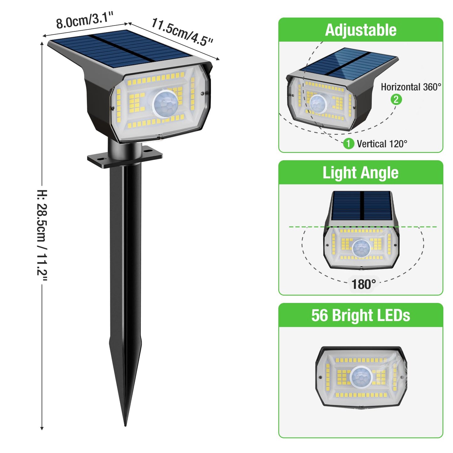 nipify Solar Spot Lights Outdoor Motion Sensor with 3 Modes, [ 12 Pack/56 LED ] Solar Spotlights Outdoor Waterproof 2-in-1 Auto On/Off Landscape Lighting for Outside Yard Wall Garden Path,Cool White