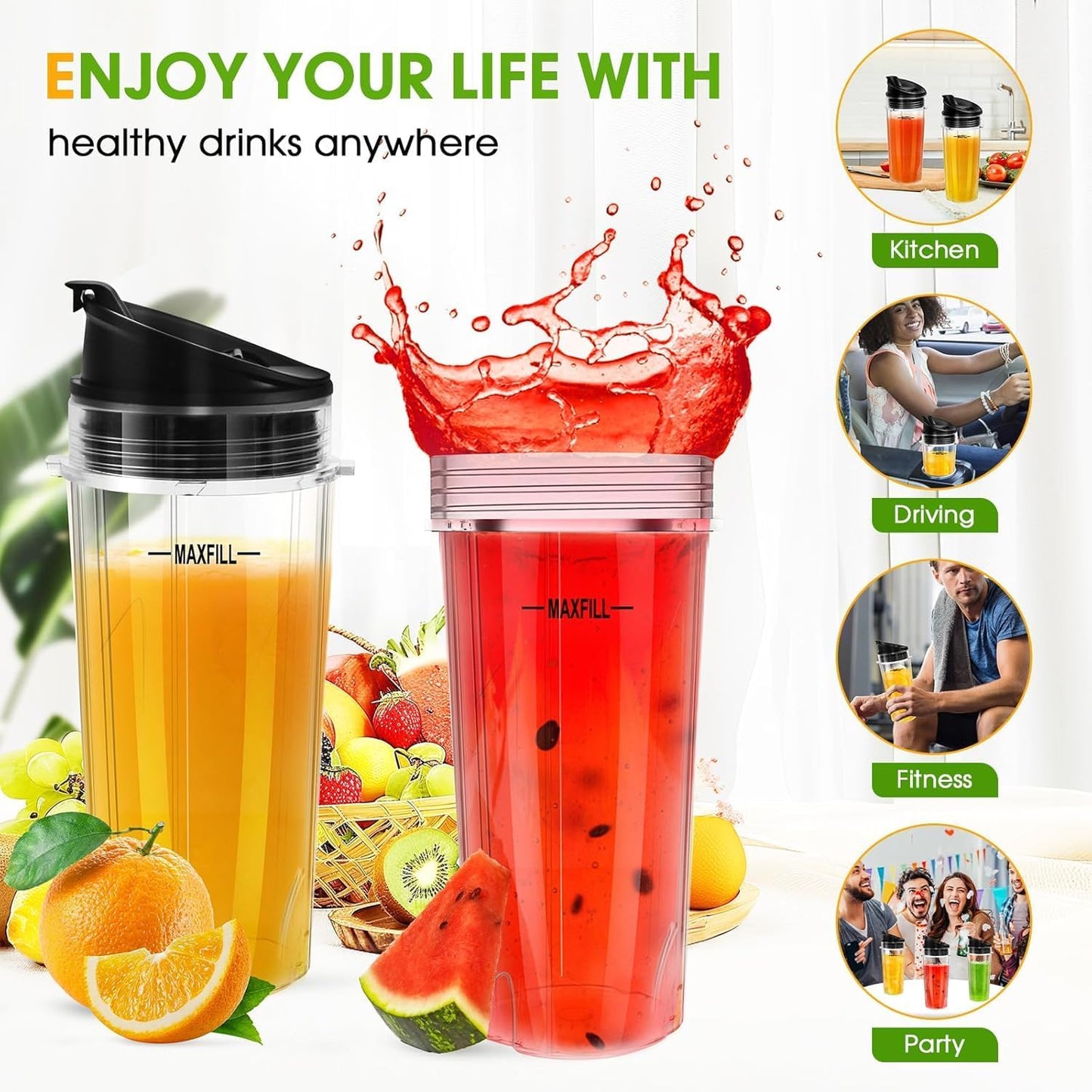 Ninja Blender Cups - 16oz Replacement Cups with Lids | 3-Pack Compatible with QB3001SS, BL770, BL780, BL660, BL740, BL810, Nutri Ninja Series