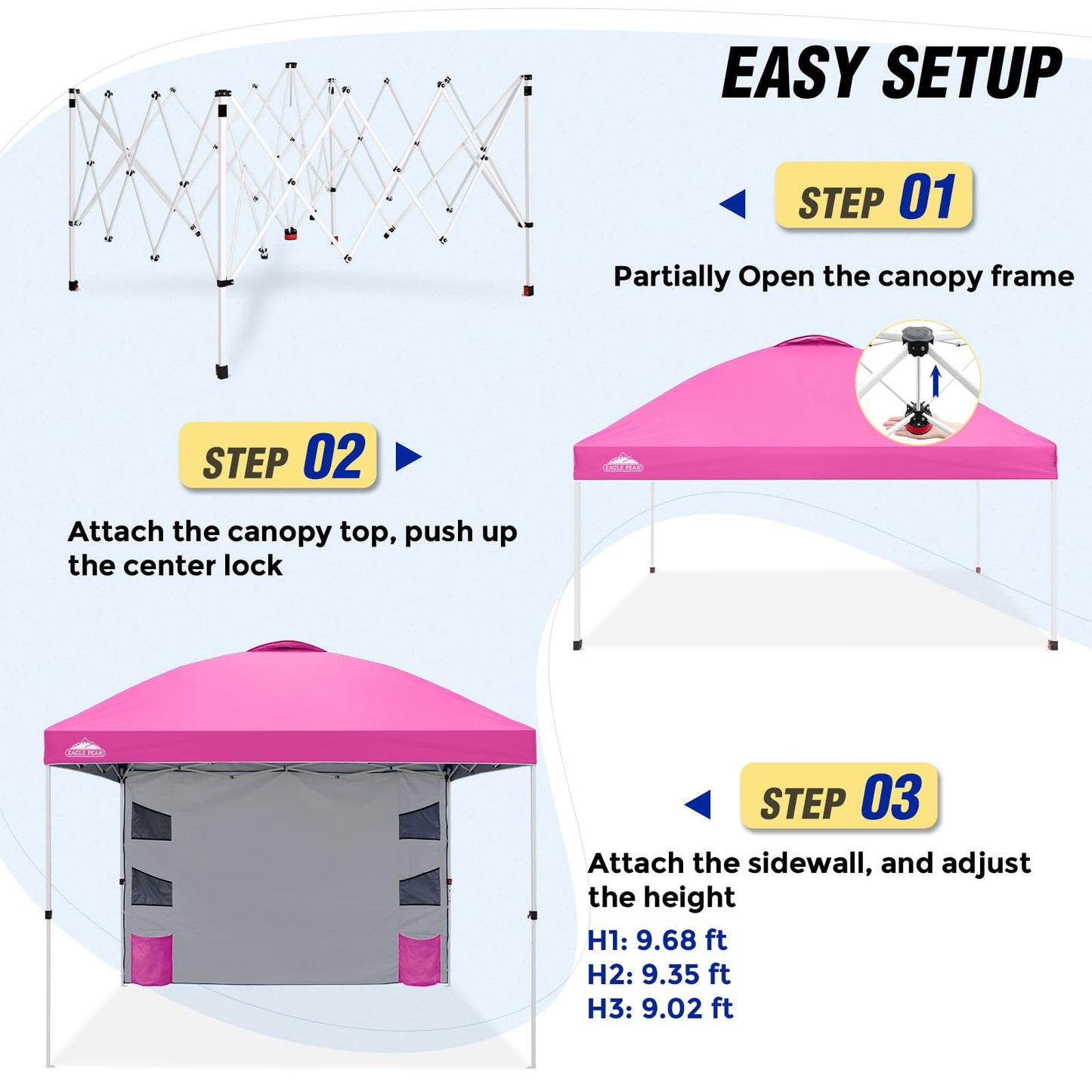 EAGLE PEAK Commercial Canopy 10x10 with Sidewall Storage, Easy OnePerson Setup Pop Up Canopy Tent with Roller Bag, Stakes, Ropes, and Weight Bags, Pink