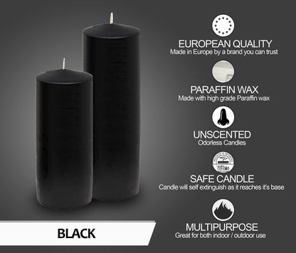 Hyoola Black Pillar Candles 2x8 Inch - 4 Pack Unscented Pillar Candles - European Made