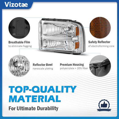 Vizotae Headlights Assembly for 2005-2007 Ford F250 F350 F450 F550 Super Duty Headlamp Replacement, High/Low Beam W/Bulbs, Driver&Passenger Side