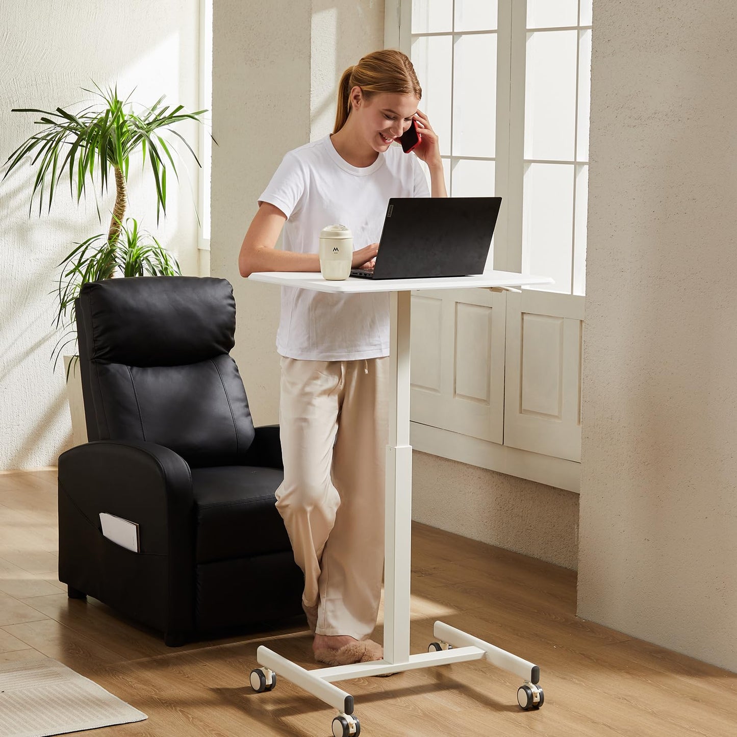 DUMOS Small Standing Desk Mobile Portable Rolling Laptop PC Table on Wheels Adjustable Height Computer Workstation for Home Office, 19 Inch, Modern White
