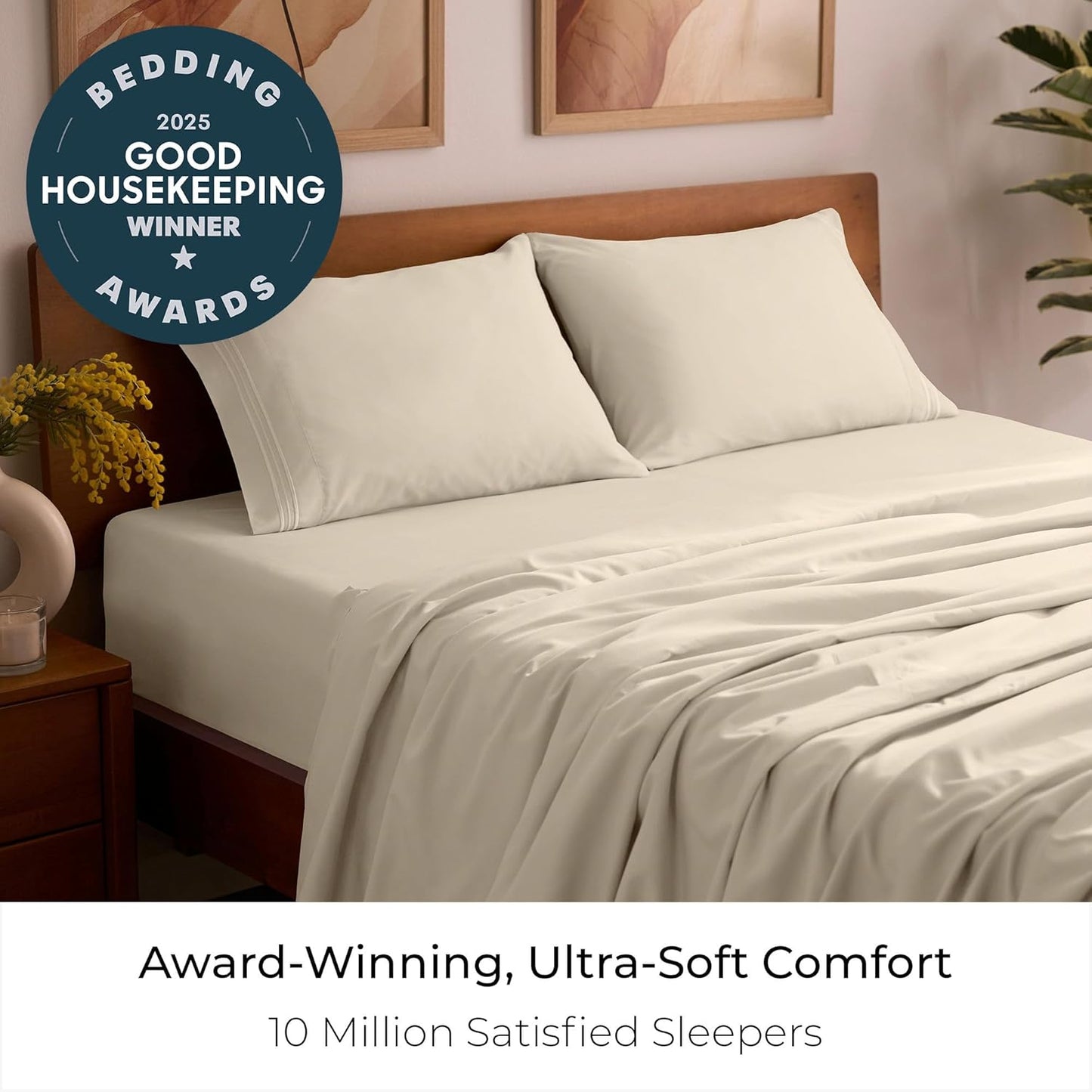 Mellanni Queen Sheets Set - 4 PC Hotel Luxury Bedding | Extra Soft, Cooling, Wrinkle-Resistant (Beige)