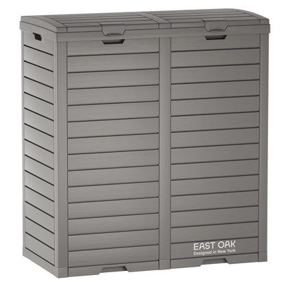 East Oak 62 Gallon Outdoor Trash Can | Waterproof Resin Garbage Can Featuring Tiered Lid & Drip Tray | Outside Trash Bin for Kitchen, Patio | Backyard & Deck | Gray Color