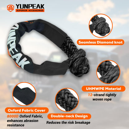 YUNPEAK 1.26" x 30ft Heavy-Duty Kinetic Recovery Rope – 56,000lbs Break Strength – Includes 2 Ultra-Strong UHMWPE Soft Shackles – Ideal for Trucks, SUVs, Jeeps, UTVs, ATVs & Tractors (Black)