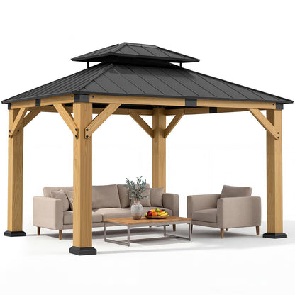 Jocoevol 10' X 12' Wood Gazebo Hardtop Outdoor Permanent Pavilion with Double Galvanized Steel Roof Snow Support, Wind Resistance for Backyard Garden, Lawns, Patio