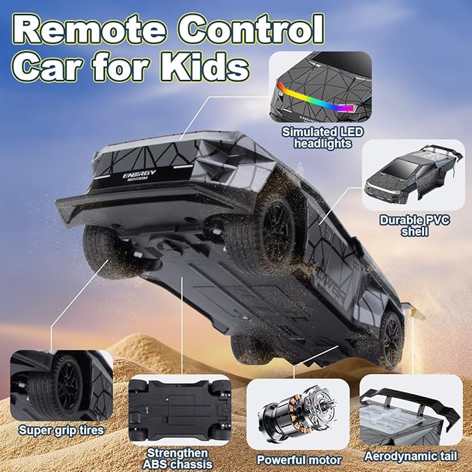 Remote Control CarAll Terrain 2.4GHz RC Truck for 3-12 Year Old Boys Electric Vehicle RC Car with LED Lights for Kids Birthday Gifts for Kids (Gray)