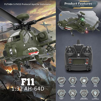 YUXIANG F11 AH64 RC Helicopter for Adults for AH64 Apache 1/32 Scale 2.4G 6CH 6G/3D Stunt Remote Control Military Aircraft Toys with 6-Axis Gyro &amp 2 Brushless Motor &amp Lights - RTF