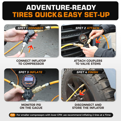 Kingfun 4 Tire Inflation & Deflation System, Rapid High Flow 4 Way Tire Inflator Hose Kit with Digital Pressure Gauge, Fits Up to 220" Wheelbase for Off-Road, Jeep, Truck, SUV