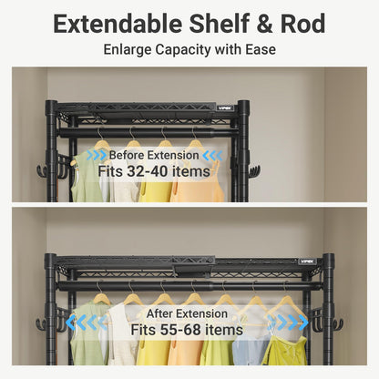 VIPEK R2X Expandable Portable Closet with Lockable Wheels, 600lbs Capacity Heavy Duty Rolling Clothes Rack w/Adjustable Shelves & Hanger Rod (2' to 3'5"), Metal Clothing Rack for Small Spaces (Black)