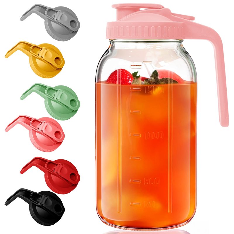AsstarJTK Glass Mason Jar Pitcher - 64 oz/2 Quart Wide Mouth Jug with Lid and Pour Spout, Airtight Seal, Leak Proof Iced Tea Pitcher for Sun Tea, Juice, Breast Milk, Cold Beverages, Coffe