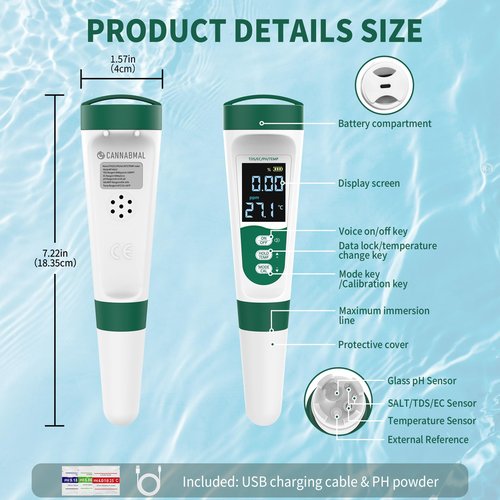 CANNABMALL 5-in-1 Digital PH Meter, with Voice Function, PH/TDS/EC/Temp/Salt Pool Salt Tester, Waterproof & Rechargeable Pen Meter for Swimming Pools, Fish Tank, Aquariums & Hydroponics