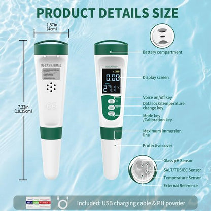 CANNABMALL 5-in-1 Digital PH Meter, with Voice Function, PH/TDS/EC/Temp/Salt Pool Salt Tester, Waterproof & Rechargeable Pen Meter for Swimming Pools, Fish Tank, Aquariums & Hydroponics