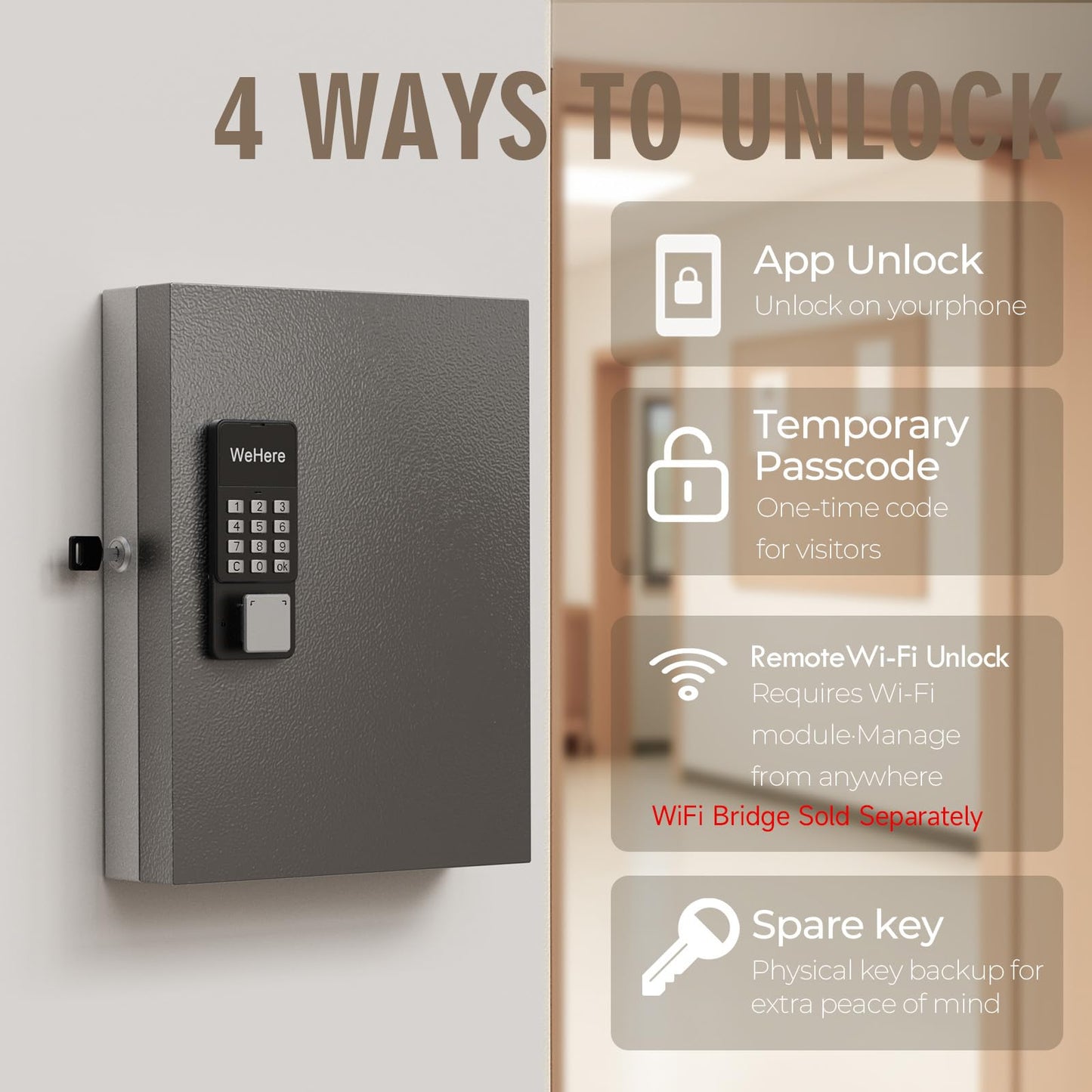WeHere 32-Key Smart Key Lock Box Wall Mount – Commercial Key Cabinet with App, Bluetooth & WiFi Unlock (Sold Separately), Access Log Tracking, Key Management System for Rental, Office, Property