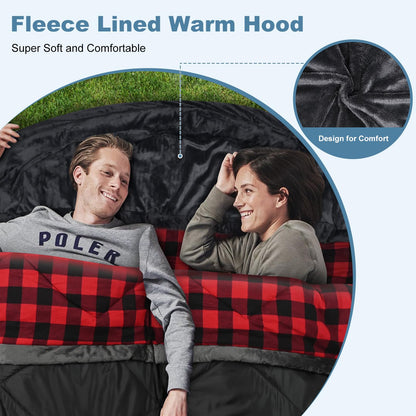 AGEMORE Cotton Flannel Double Sleeping Bag with Fleece Lined Hood, Waterproof Queen Size 2 Person Sleeping Bag for Adults Cold Weather Camping Backpacking or Hiking, 3-4season