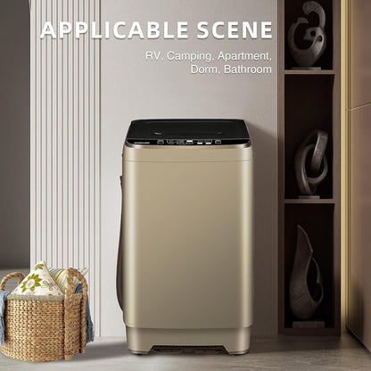 Full Automatic Washing Machine with LED Display, 10 Programs & 8 Water Levels Selections, Portable Compact Laundry Washer with Drain Pump - Gold