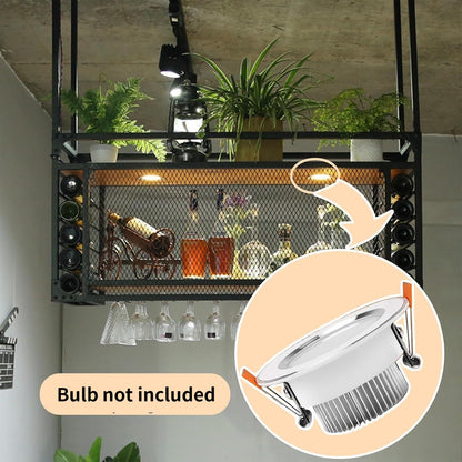 MKOEIY Wall Mounted Wine Rack Dual Wood Shelves 2 in 1 Industrial Metal Frame Wine Bar Rack, Ceiling or Wall Mount, Customizable Spotlight System (Bulbs Not Included)