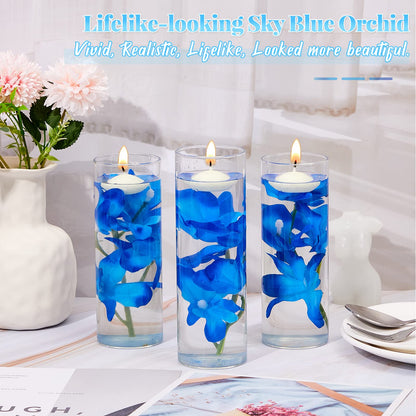 Hanaive 42 Pcs Blue Orchids Artificial Flower Vase Fillers for Floating Candles Wedding Table Centerpiece Blue Orchid and Unscented Floating Candles for Wedding Table Christmas Party Home Decoration