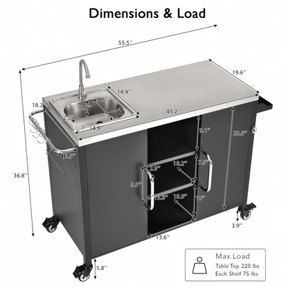 Merax 55.5" Outdoor Kitchen Island, Metal Grill Cart Table with 304 Stainless Steel Sink, Outdoor Bar Cart Sink Station with 4 Lockable Wheels for Pizza Prep & BBQ, Black
