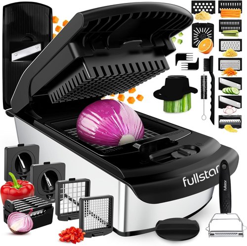 Fullstar Premium Vegetable Chopper - 14-in-1 Mandoline Slicer & Spiralizer with Container | Silver Kitchen Gadget