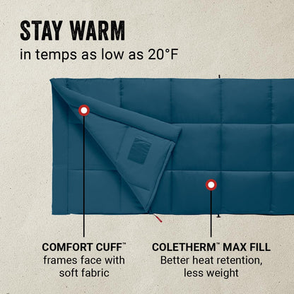 Coleman Kompact 20°F/30°F/40°F Sleeping Bag, Cool-Weather Adult Sleeping Bag with Heat Retention, Stuff Sack, & Snag-Free Zipper, Great for Camping, Sleepovers, Guests & More