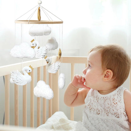 Baby Mobile White Swans with Golden Crowns Felt Clouds Baby Mobile for Crib Boys Girls Neutral Baby Gift Hanging for Nursery Decor Accessories