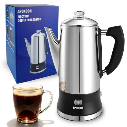 APOXCON Electric Coffee Percolator Stainless Steel Coffee Maker with Clear Brew Progress Tough Glass Knob and On/OFF Switch Classic Coffee Pot with Keep Warm & Cordless Serve No Aluminum (12 Cup)