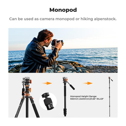 K&F CONCEPT 90''/230cm Overhead Camera Tripod, Horizontal Shooting Video Tripods with Fluid Head Heavy Duty, Detachable Monopod, for Indoor and Outdoor Use T254A7+FH-03