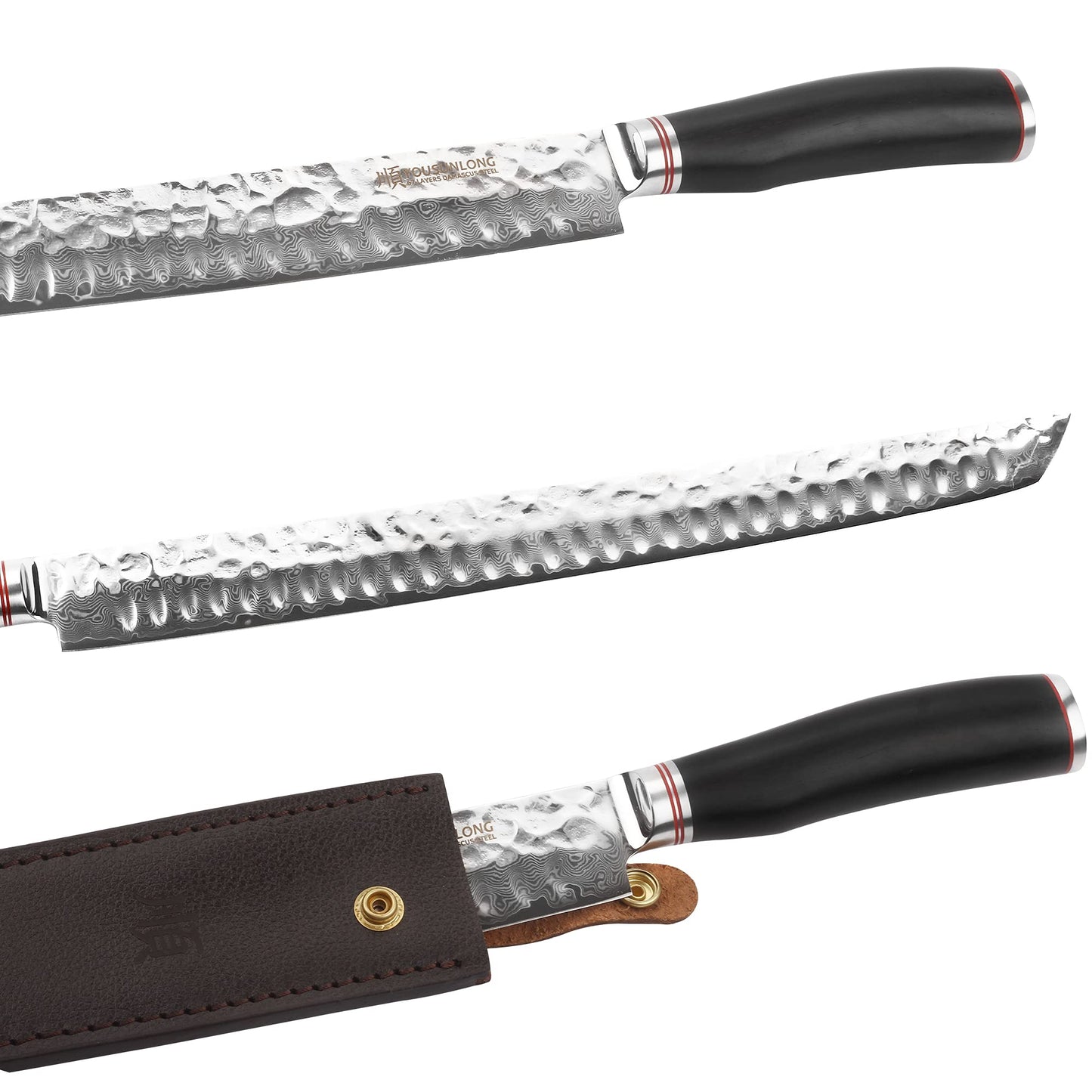 YOUSUNLONG Sakimaru Knife 15 inch(380mm) Ultimate Japanese Damascus Steel Fillet Knives Suitable for cutting tuna and salmon-Natural Ebony Handle With Leather Sheath
