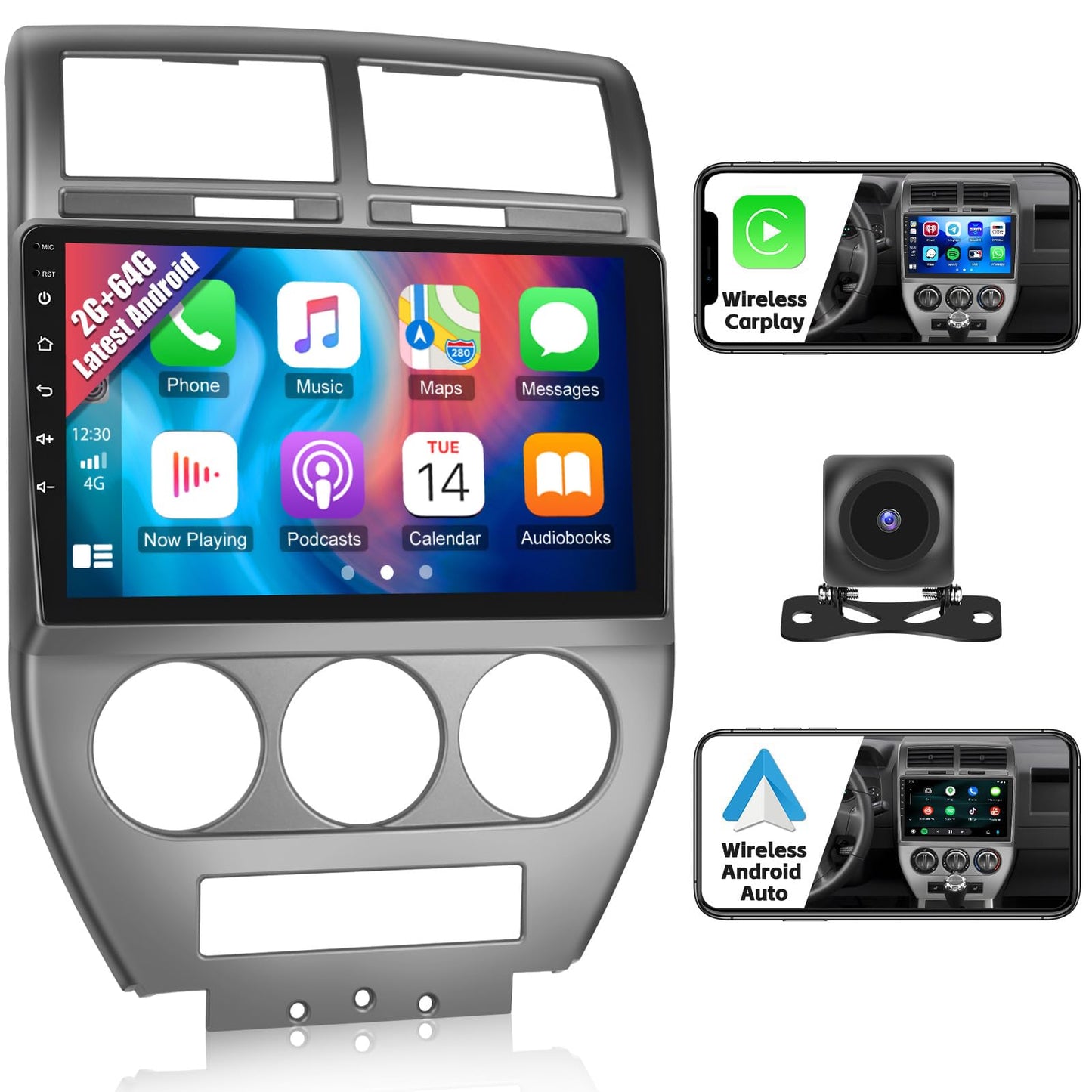 Car Radio for Jeep Compass Patriot 2007 2008 2009: 2G+64G Car Stereo with Wireless Carplay Android Auto, 10.1 inch Touch Screen with Bluetooth Upgrade for Compass Patrio with GPS WiFi SWC FM RDS DSP