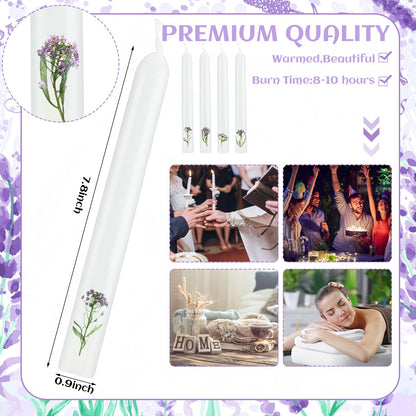Threlaco 4 Pcs Flower Taper Candles Real Dried Pressed Purple Tapered Plants Candlesticks Unscented 7.8 Inch White Pastel Taper Candles for Baptismal Wedding Bridal Shower Party(4 Pcs,Dried Flower)