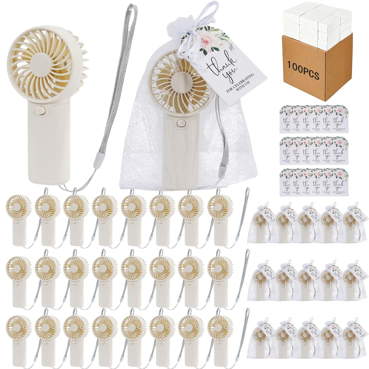 PROY 100 Pack Mini Fans Bulk, Portable Fan Bulk with Thank You Cards and Gift Bags, Wedding Favors Sets with Lanyard for Bridal Shower, Travel and Summer Beach Party