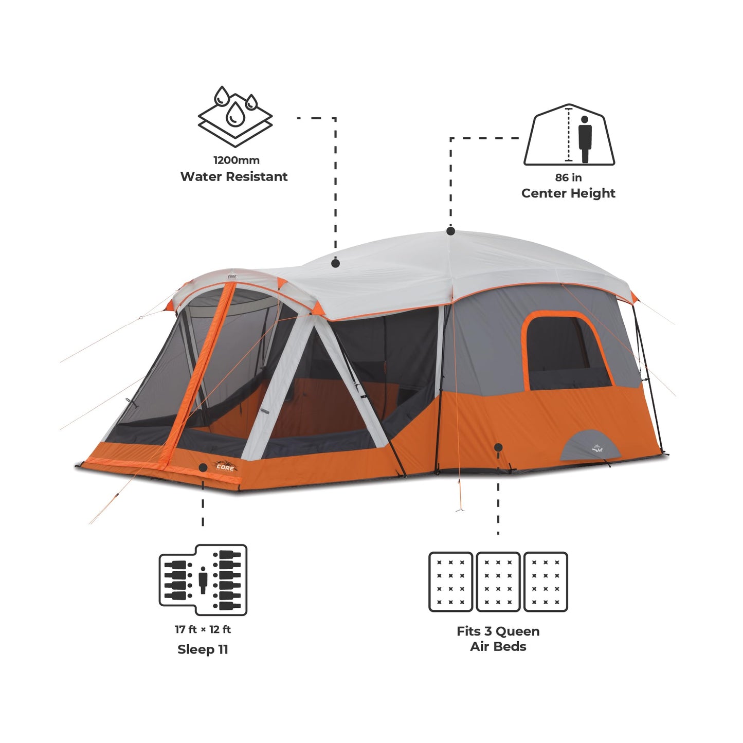 CORE 11 Person Cabin Tent with Screen Room | Large Multi Room Family Tent with Carry Bag for Outdoor Car Camping | Included Storage Pockets for Camping Accessories