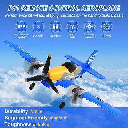 RC Plane 3-Channel 2.4GHZ RC Airplane P51D Mustang Fighter with 2 Batteries KF602 Remote Control Plane Gyroscopes Stabilization System Easy to Fly Suitable for Beginners Kids Adults