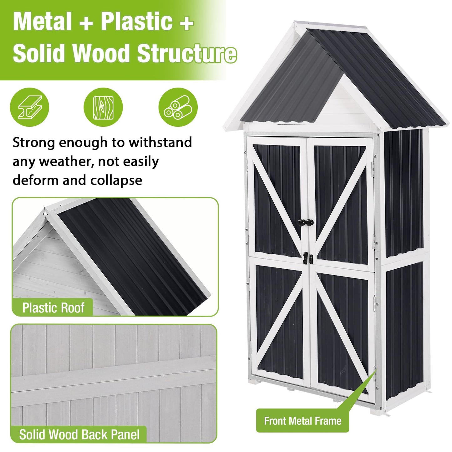 GUTINNEEN Outdoor Storage Cabinet, Wood & Metal Frame Garden Storage Shed with Waterproof Plastic Roof, Adjustable Shelves, Raised Base, Weather-Resistant Tool Shed for Backyard, Patio & Lawn, 67.5"H