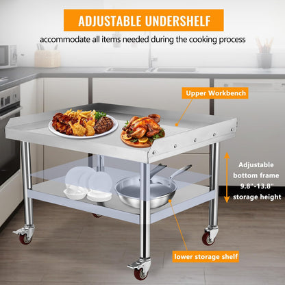 ExploreHorizon Stainless Steel 36x28x24 Inch Equipment Grill Stand Table with wheels, 660 Lbs Top & Bottom Shelf, Adjustable Legs, 2" Edge Baffle, for Hotel, Home, Commercial Restaurant Kitchen