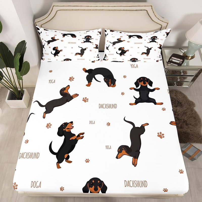 Feelyou Sausage Dog Bed Sheets Set Boys Dachshund Sheet Set for Kids Ultra Soft Puppy Dog Sheets with Deep Pocket Fitted Sheet Kawaii Pet Brown Bedding Set Room Decor Queen