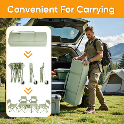 5 Pcs Camping Chair and Folding Camping Table Set, Outdoor Folding Picnic Chairs Lawn Portable Camp Table with Cooler Bag & Cup Holder for Camping, Fishing, Sporting Events, Support 500lbs, Green