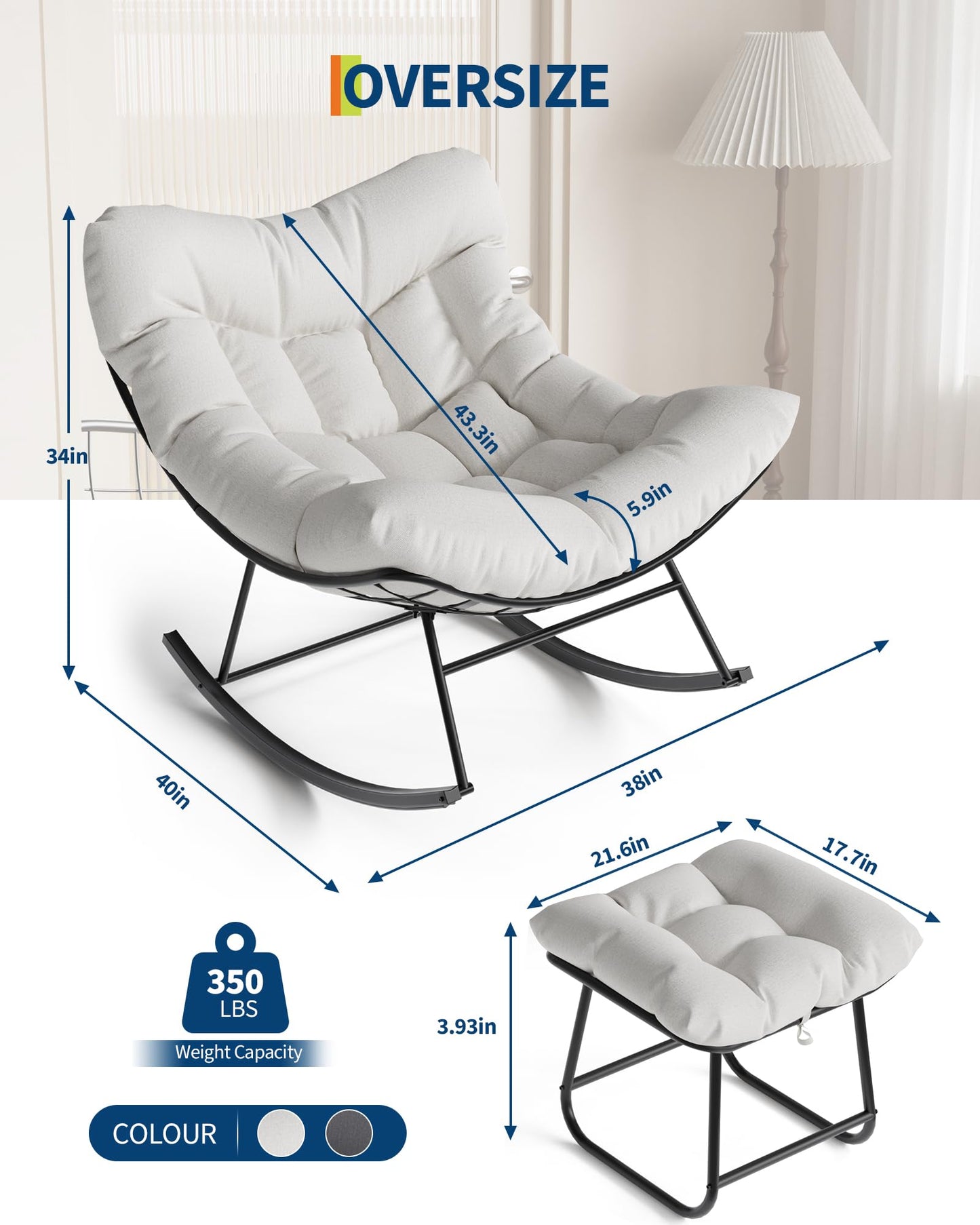 GarveeLife Outdoor Oversized Papasan Rocking Chair with Footrest, Patio Lounge Chair with Ottoman and Sturdy Metal Frame, Patio Egg Rocker for Balcony Backyard Porch Bedroom, White