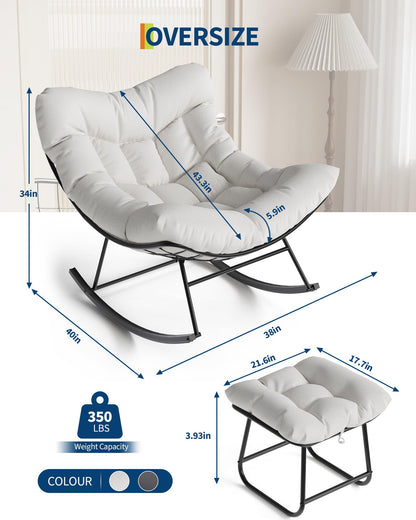 GarveeLife Outdoor Oversized Papasan Rocking Chair with Footrest, Patio Lounge Chair with Ottoman and Sturdy Metal Frame, Patio Egg Rocker for Balcony Backyard Porch Bedroom, White
