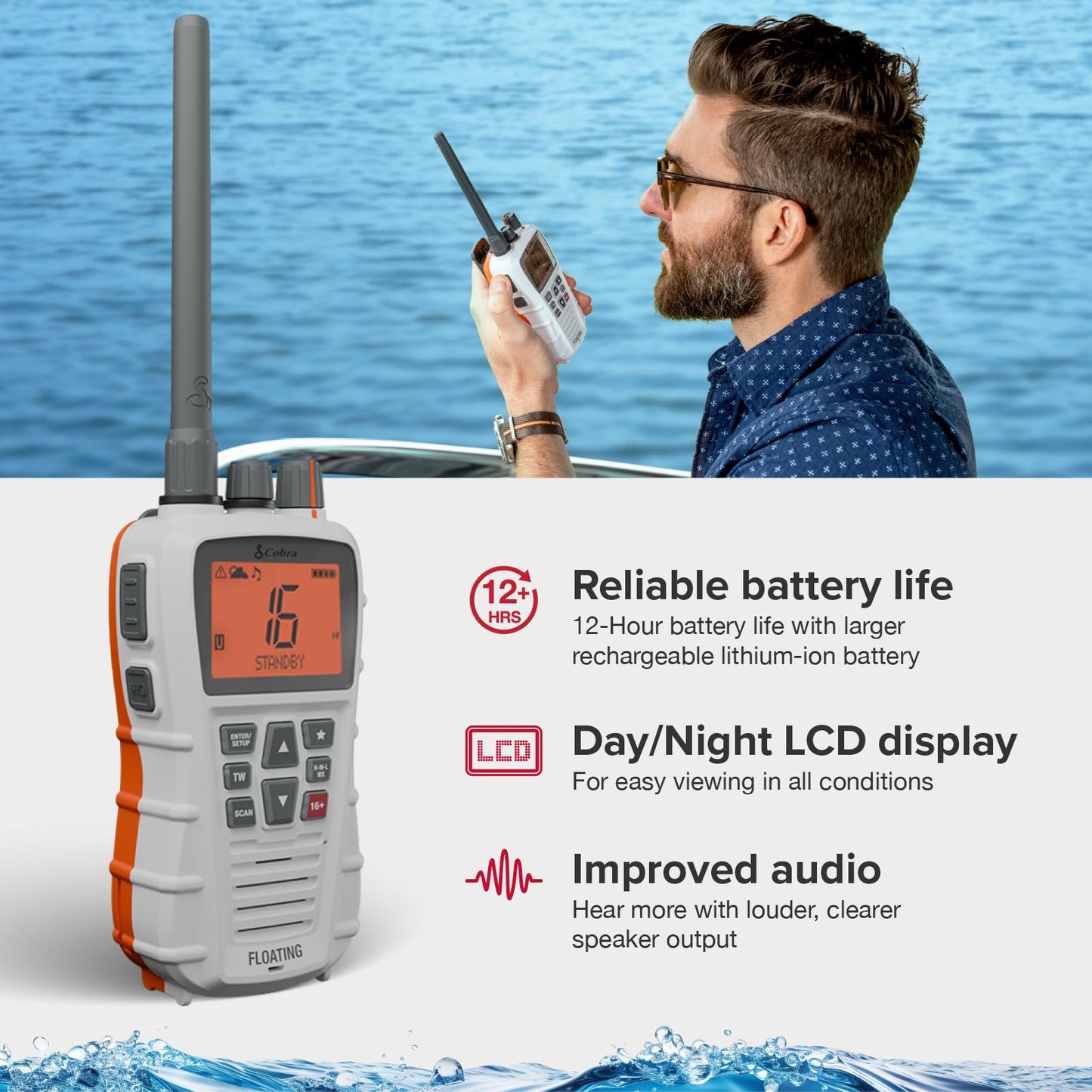 Cobra BlueBound 350 VHF Handheld Marine Radio - White – 6-Watt, Floating, Long Range, NOAA Weather Alerts, International Functionality, IPX7 Waterproof, USB-C, Submersible, LCD Screen, Belt Clip