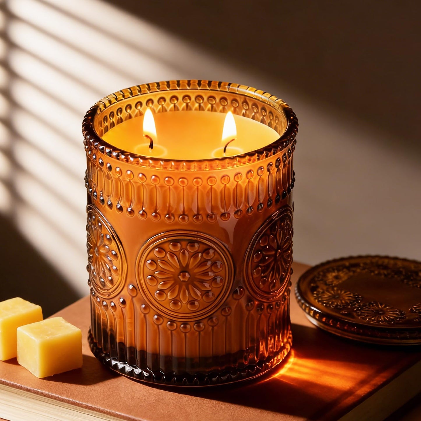 2-Wick Beeswax Candles in Jar, Natural Beeswax Candles in Amber Glass for Air Purification, Honey Aroma Jar Candle for Home Scented Decor, Gift for Women & Men, Fragrance Free, Paraffin Free