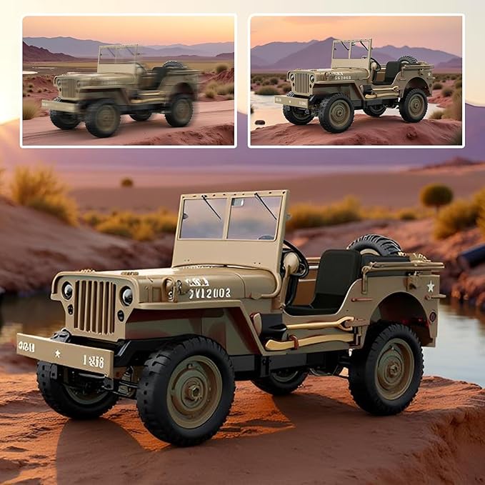 Skymaker RC Trail Truck 4x4 Remote Control Rock Crawler Off Road RC Jeep with Machine Gun &amp Two Batteries RTR All Terrains 2.4GHz Military Car for Adult(Camel)
