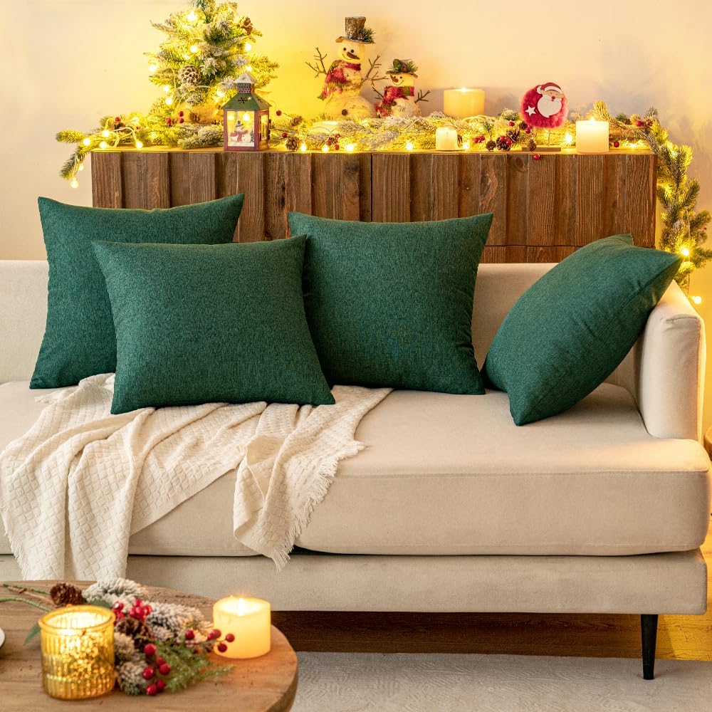 MIULEE Decorative Outdoor Throw Pillow Covers - Waterproof Faux Linen Cushion Cases | 18x18 Inch Emerald Green (Pack of 2)