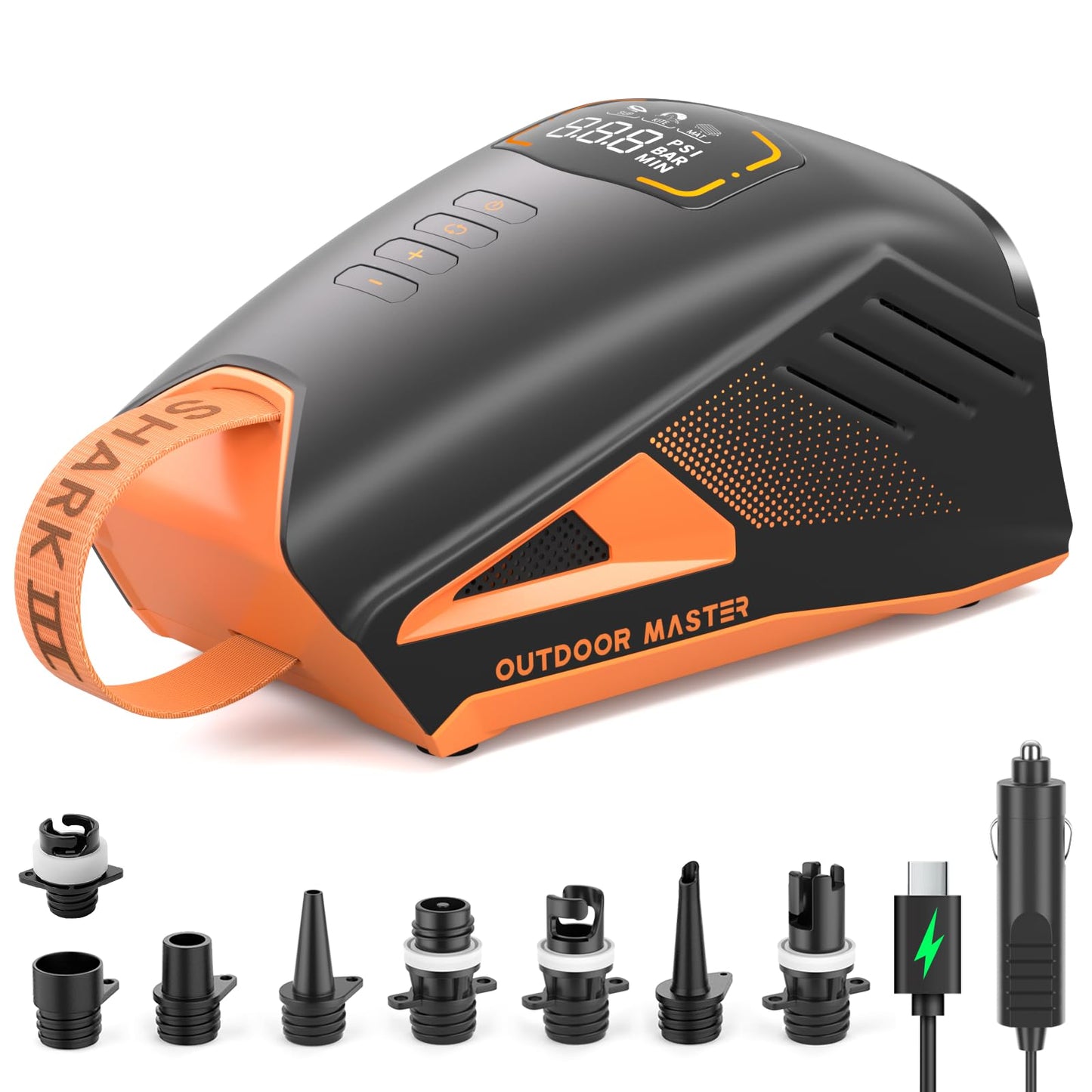 OutdoorMaster Shark 3 Paddle Board Pump Electric - 3'50" Fast Inflation, 20PSI 74Wh Rechargeable SUP Air Pump- Auto-Off & Deflation, 12V/15.8V DC & Type-C Input, 8 Nozzles for Inflatables, Boats,Kites