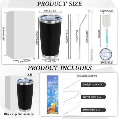 PEDOBALI 36 Pack 20 Oz Stainless Steel Bulk Tumblers with Lids Black Outdoor Travel Mug Powder Coated Double Wall Leakproof Insulated Cup, for Home Hot Office Party Cold Drinks
