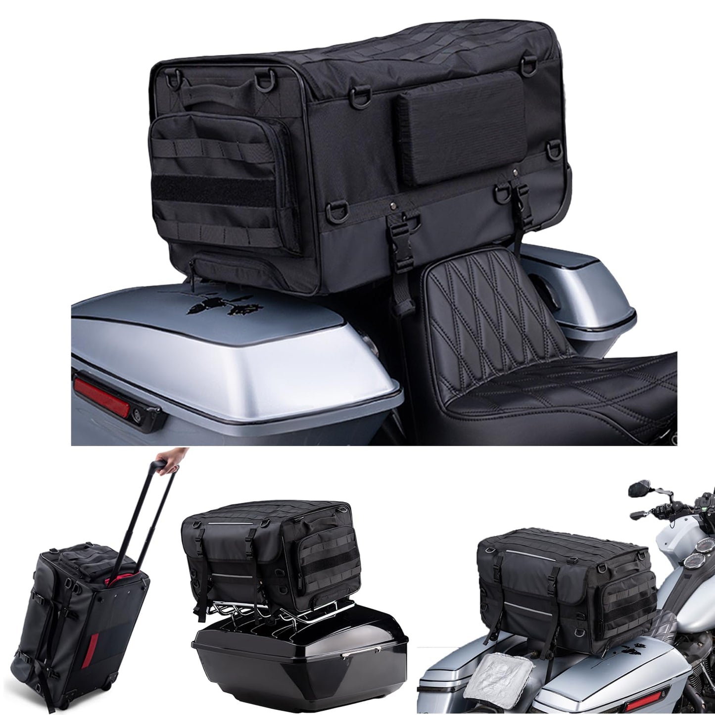 NEOCHIAEVO Motorcycle Touring Seat Bag Trolley Case with Wheels, Waterproof Suitcase, Luggage, Duffel, Tail, Tour Trunk, Gear, Rear Rack Bag, Sissy Bar Bag Compatible with Harley (50L/13Gallons)