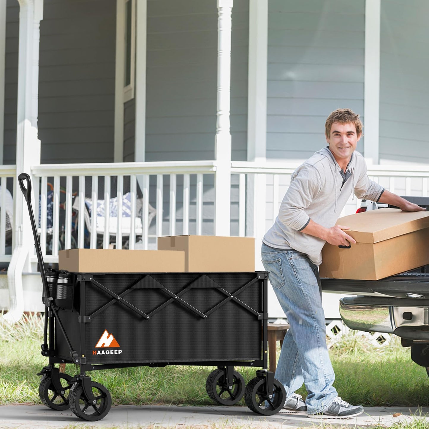Collapsible Wagon Cart with Wheels Foldable - Folding Utility Heavy Duty Wagons Carts for Grocery Sports Garden Shopping Camping Wheelbarrows (Black, 220L)