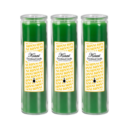 KONNI 2x8 Inch Green Pillar Candles in Glass Set of 3, Devotional Prayer Candle, Unscented Religious Candles, 105 Hours Emergency Long Burning, Ideal for Memorials, Vigil, Blessing